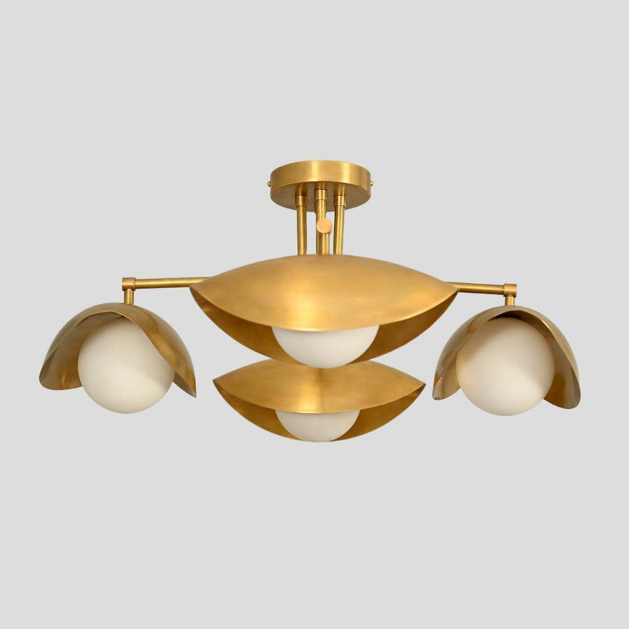 Handmade brass flushmount chandelier with three bowl-shaped shades, angled side view showcasing modern industrial design.