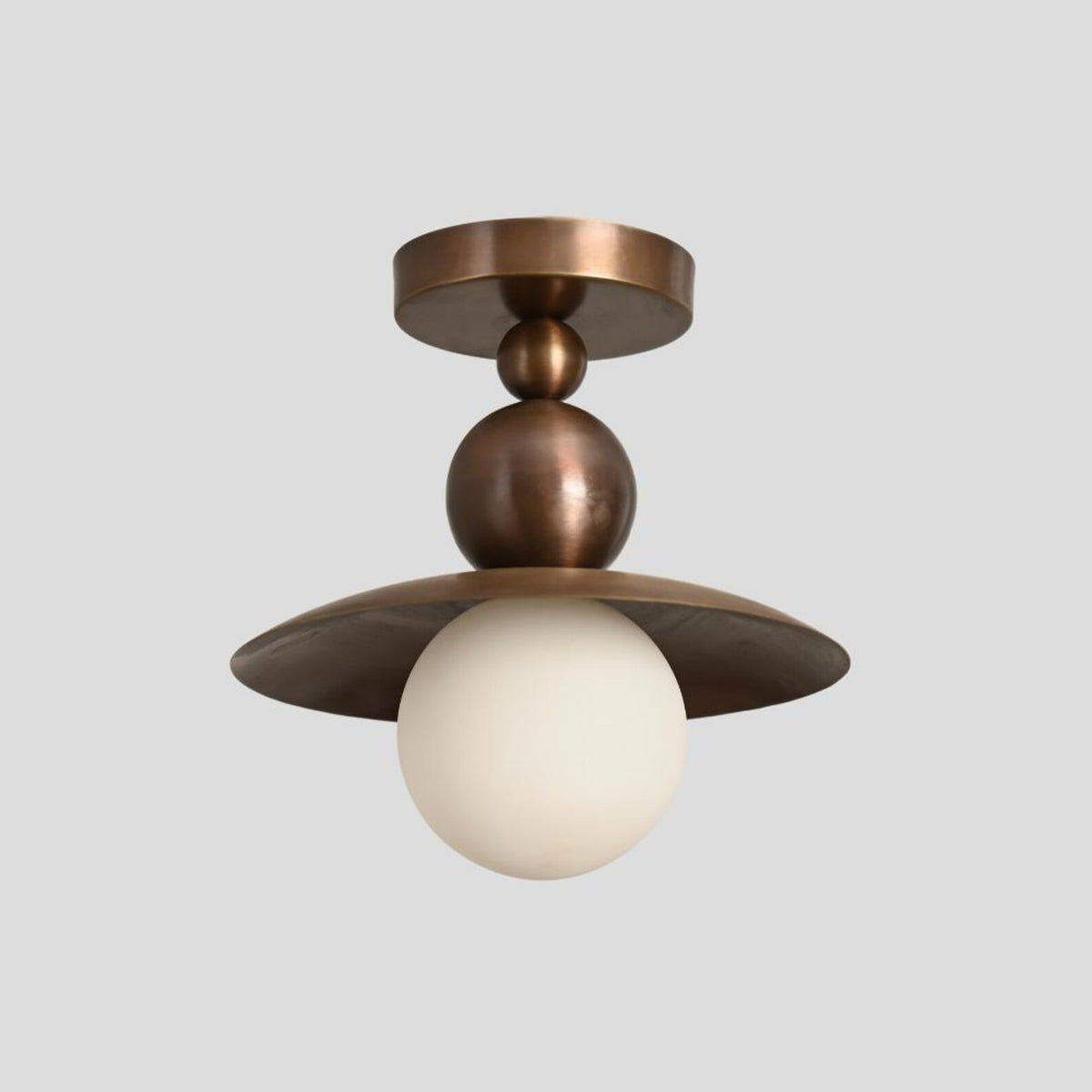 Vintage-inspired brass flushmount ceiling light with ribbed dome detail and globe diffuser, blending industrial durability with elegant modern design.