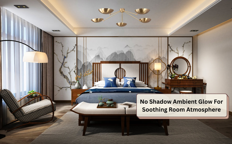 Brass Flush Mount Chandelier in Bedroom – No Shadow Warm Glow