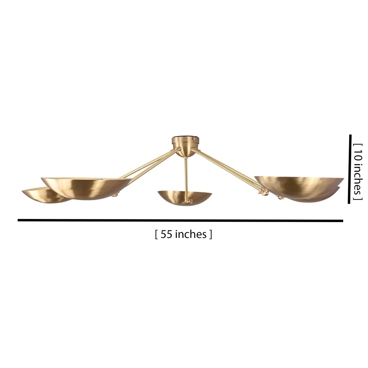 Dimension image of brass flushmount chandelier showing 55-inch width and 10-inch height with customization options.