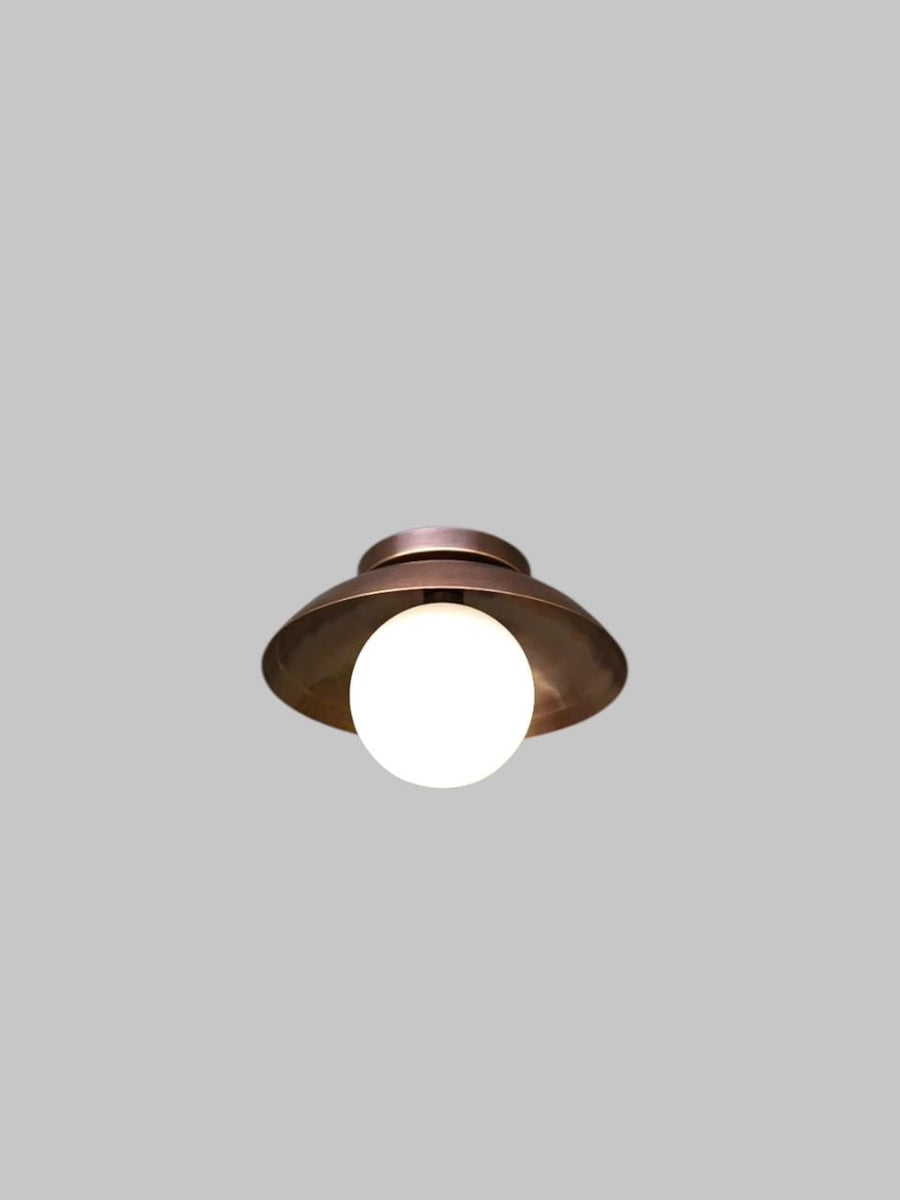 Elegant brass flush mount ceiling light with frosted glass globe, front view