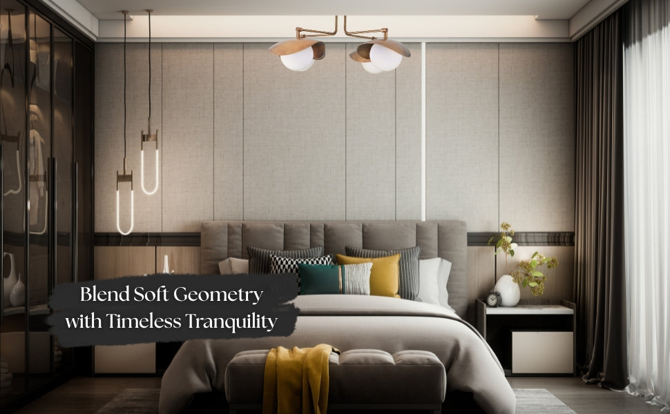 Brass ceiling light in a modern bedroom with soft neutral tones and hanging pendant accents