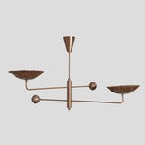 Handmade brass chandelier with two fluted bowl shades and linear arms, modern 2-light ceiling fixture by Brass Leaf Studio.