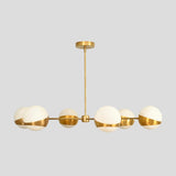 Handmade brass chandelier side profile with six globe lights in brushed brass and opal glass.