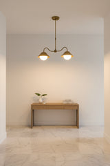 Modern brass globe pendant lamp with two G9 lights and sculptural curved frame for warm ceiling illumination