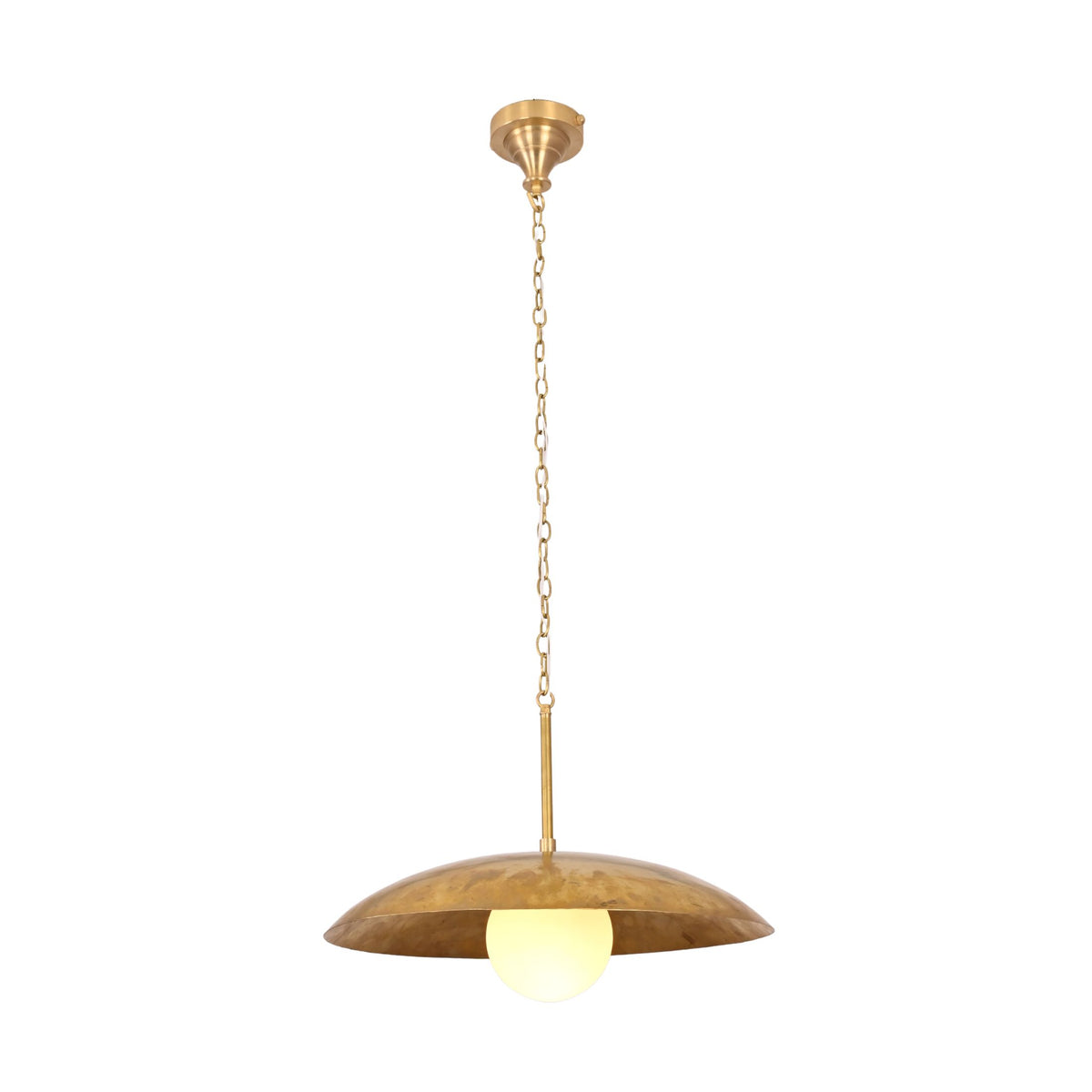 Brass globe pendant light on white background showing clean saucer shade, chain suspension, and canopy detail