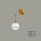 Brass wall sconce with frosted globe shade and dimension chart – 13 inch height, 6.5 inch depth, 5 inch width