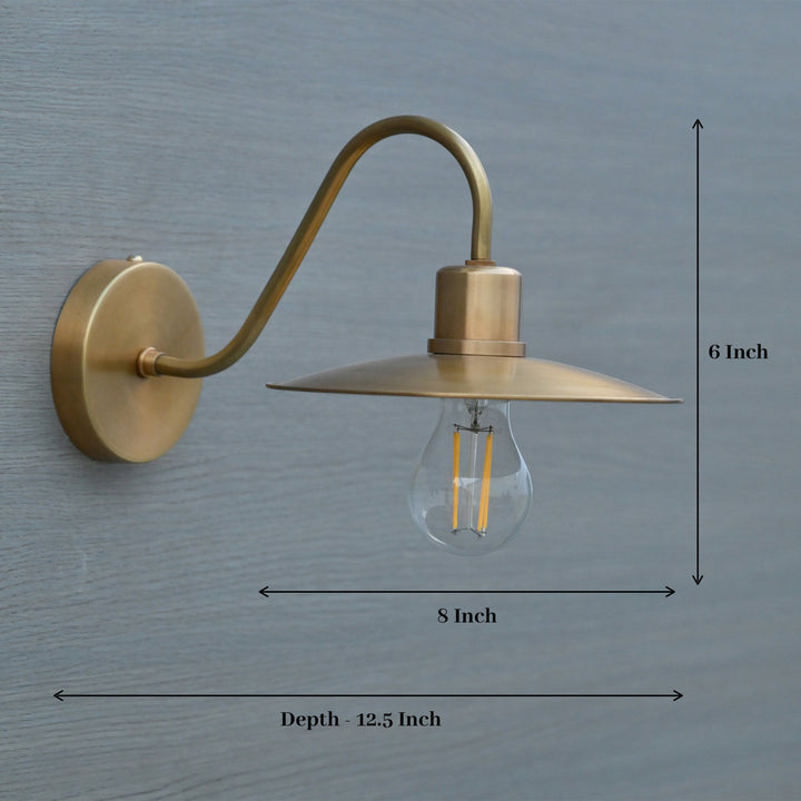 Dimensional image of brass gooseneck wall light showing 8-inch width, 6-inch height, and 12.5-inch depth for size reference.