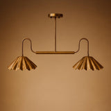 Minimalist 2-light brass ceiling chandelier by Brass Leaf Studio featuring scalloped bowl-shaped brass shades