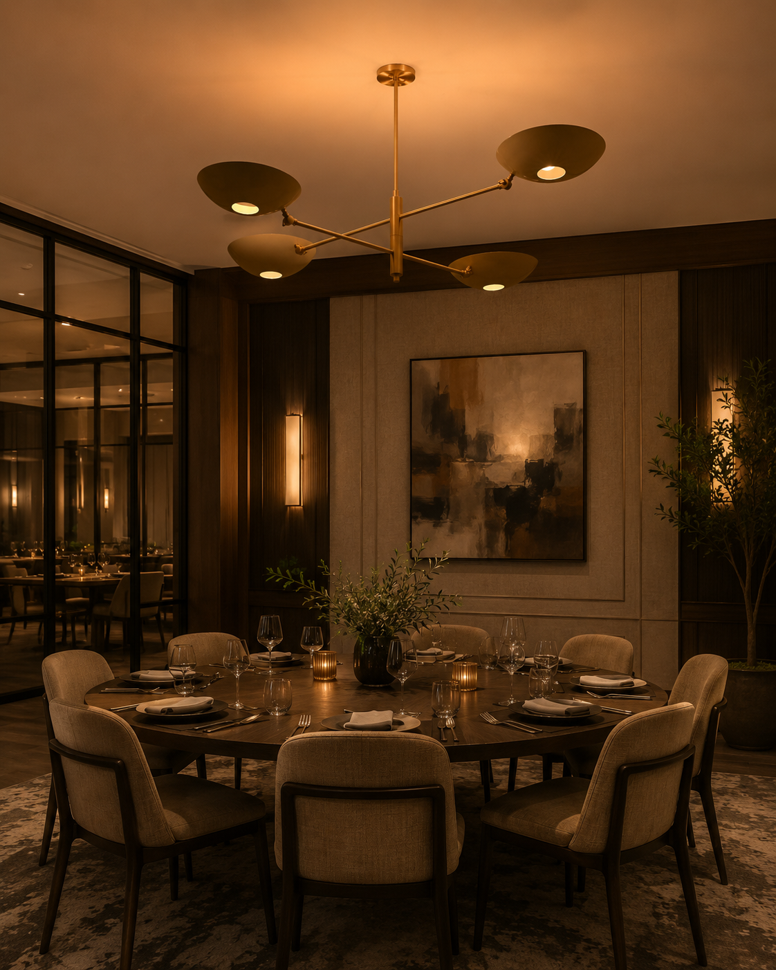 Brass Leaf Studio 4-light chandelier with balanced horizontal arms and shallow bowl-style shades