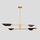 Handmade brass chandelier with three bowl-shaped black shades, sleek pendant light for dining areas, offices, and entryways.