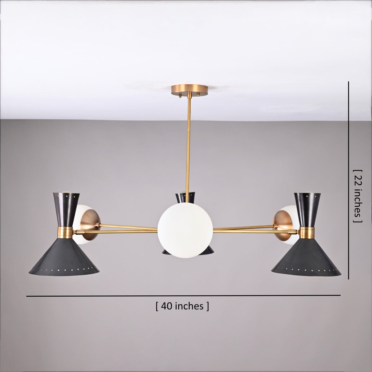 Dimension view of a 9-light brass cone and globe chandelier measuring 40 inches wide and 22 inches tall.