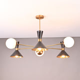Front view of a 9-light brass chandelier featuring perforated cone shades and opal globes in a modern mid-century design.