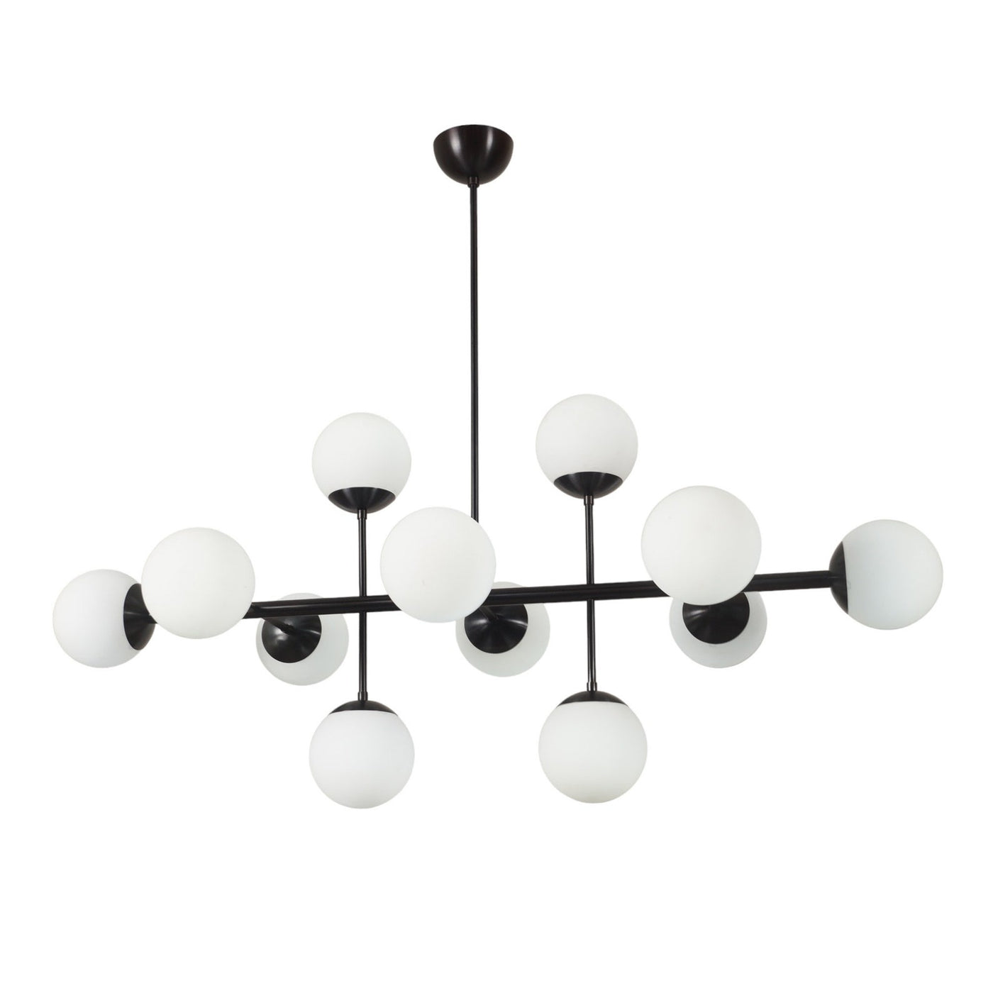 Angled view of modern black linear chandelier with frosted glass globes – handcrafted 10-light pendant by Brass Leaf Studio
