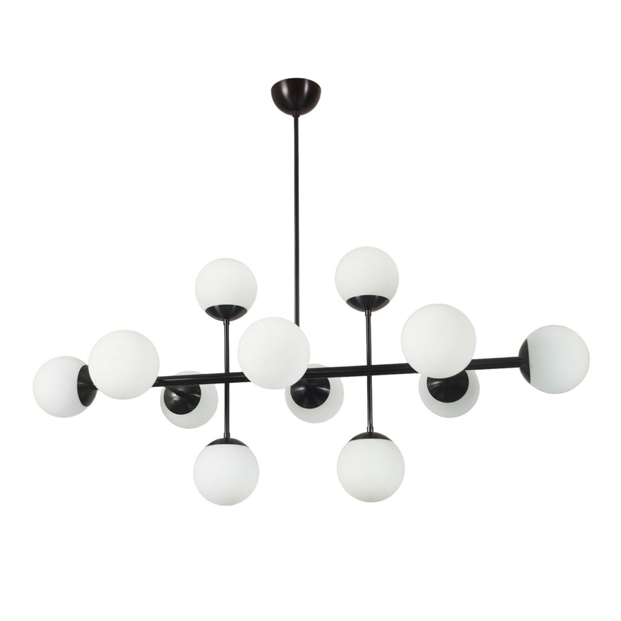 Angled view of modern black linear chandelier with frosted glass globes – handcrafted 10-light pendant by Brass Leaf Studio