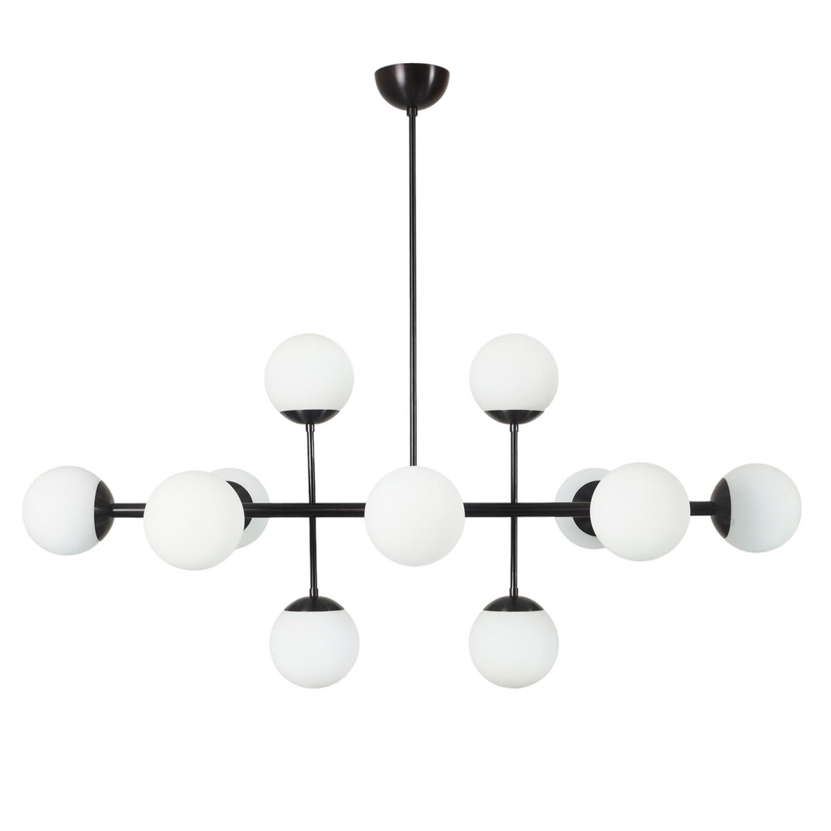 Front view of modern matte black chandelier with ten frosted globes – sleek handcrafted lighting fixture by Brass Leaf Studio
