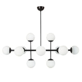 Front view of modern matte black chandelier with ten frosted globes – sleek handcrafted lighting fixture by Brass Leaf Studio