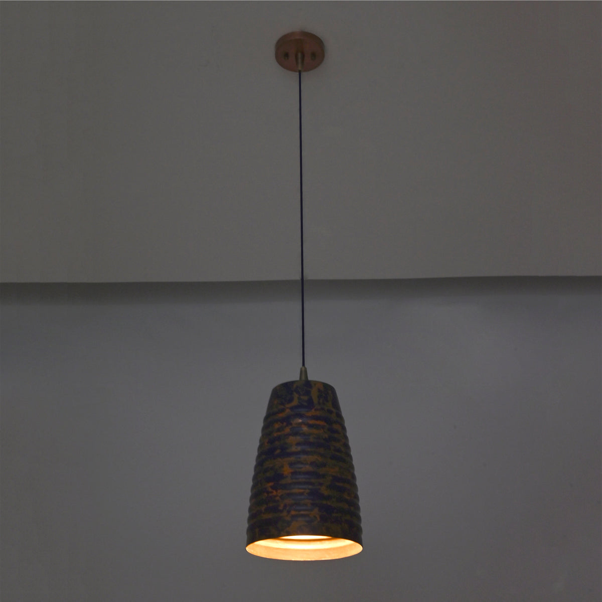 Brass Leaf Studio blue patina pendant light with ribbed shade design for kitchen, dining, hallway, and boutique interiors