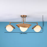 Brass flush mount ceiling light with labeled dimensions showing 30 inch width and 13 inch height