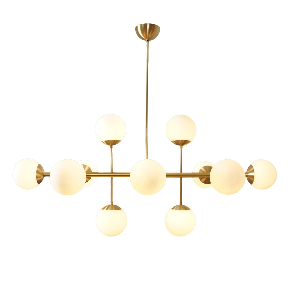 Warm glowing brass chandelier with frosted glass globes – handcrafted 10-light modern pendant by Brass Leaf Studio