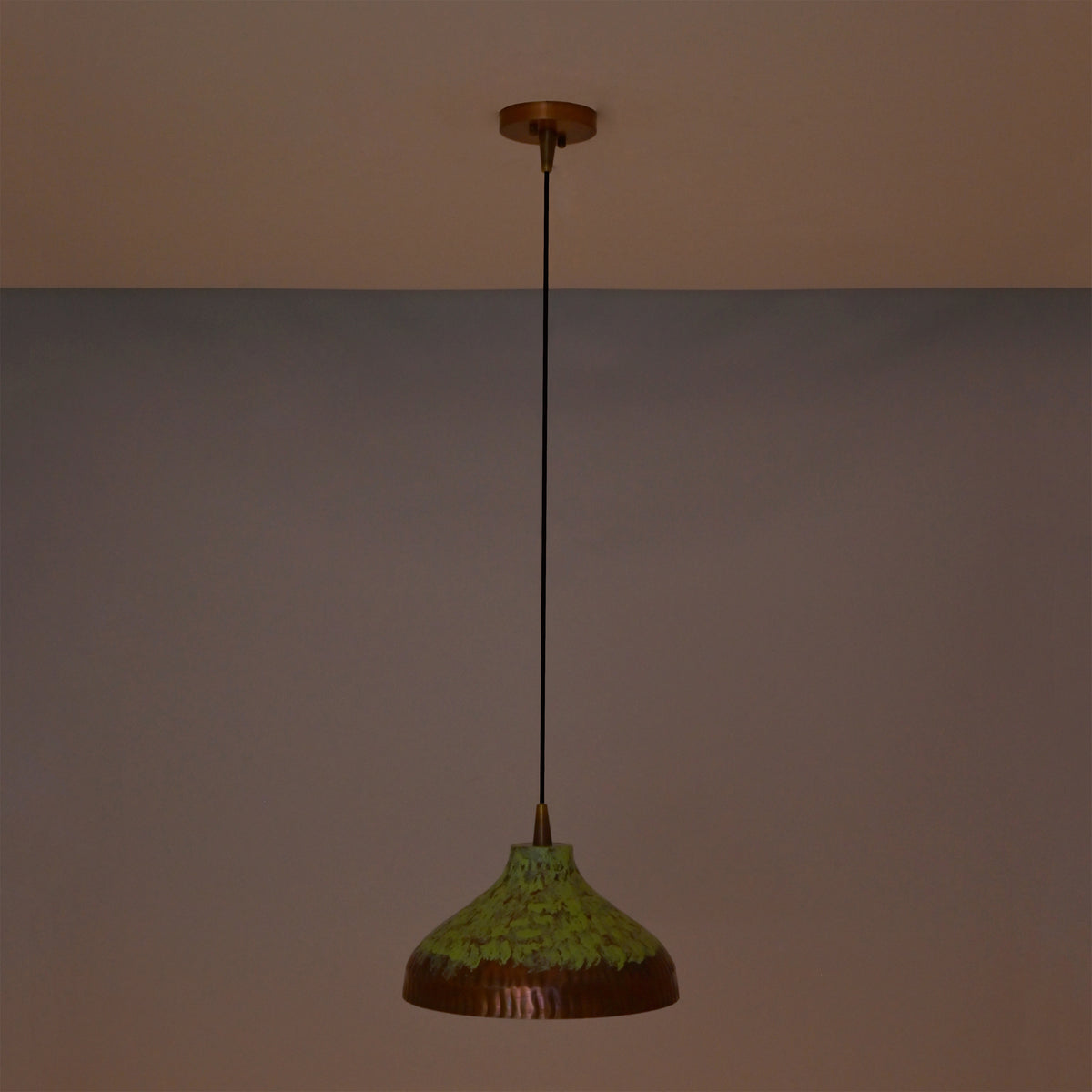 Brass Leaf Studio copper green patina pendant light with 14 inch dome shade for kitchen island and dining room lighting