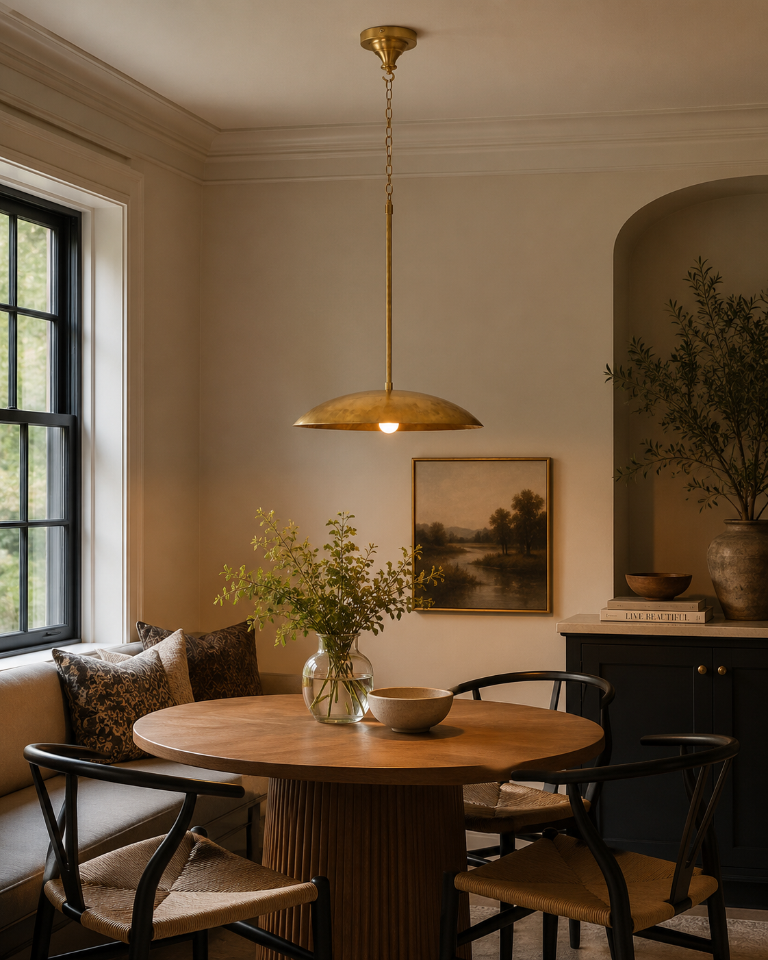 Brass Leaf Studio Discus pendant light with sculptural dome profile for kitchen, hallway, dining, and entryway lighting