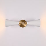 Brass Leaf Studio double cone sconce with white enamel painted shades and brushed brass hardware