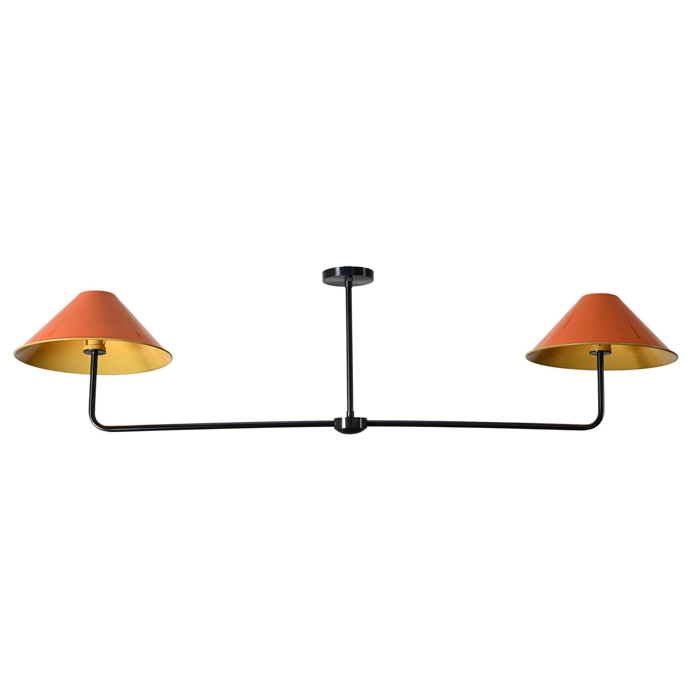 Dual-arm brass ceiling light with orange cone shades and gold interiors – handcrafted modern pendant by Brass Leaf Studio