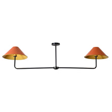 Dual-arm brass ceiling light with orange cone shades and gold interiors – handcrafted modern pendant by Brass Leaf Studio