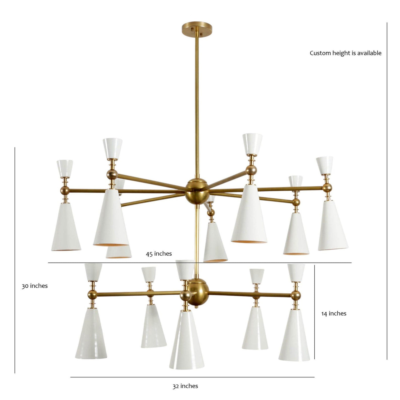 Dual-tier brass chandelier with white cone shades – dimensions labeled 45-inch width and 30-inch height – custom height available