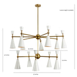 Dual-tier brass chandelier with white cone shades – dimensions labeled 45-inch width and 30-inch height – custom height available