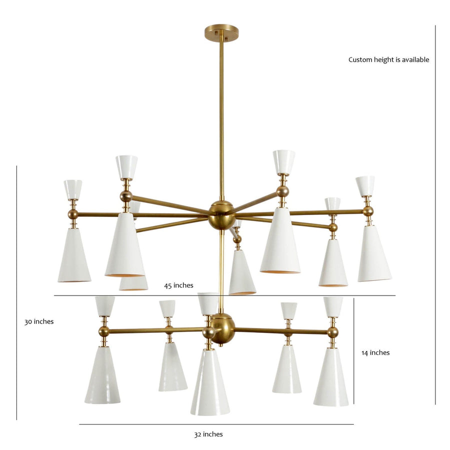 Dual-tier brass chandelier with white cone shades – dimensions labeled 45-inch width and 30-inch height – custom height available