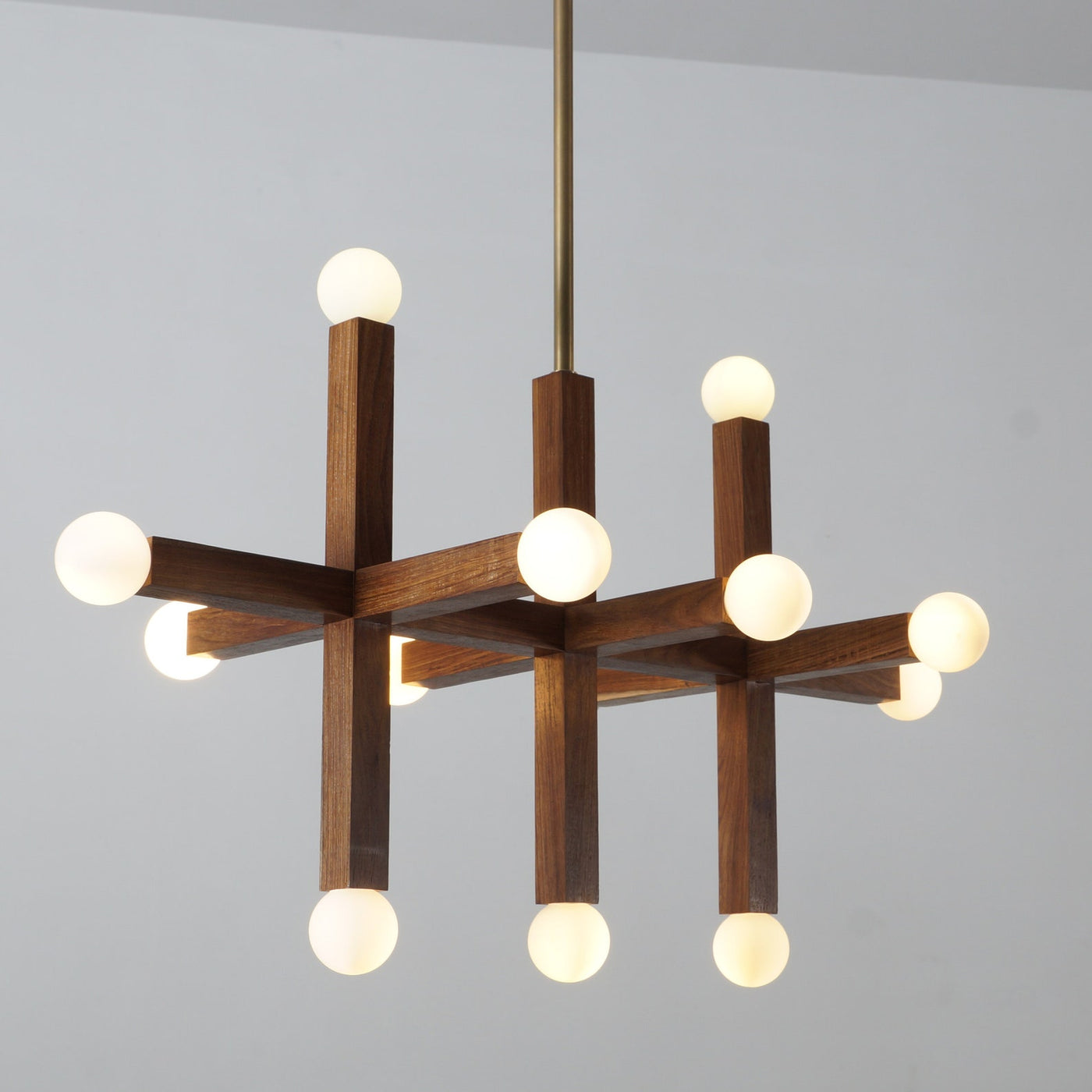 Geometric wood and brass chandelier with frosted globe bulbs – handcrafted modern pendant light by Brass Leaf Studio