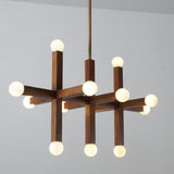 Geometric wood and brass chandelier with frosted globe bulbs – handcrafted modern pendant light by Brass Leaf Studio