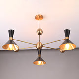Industrial-style 3-light brass ceiling light featuring cone shades and brushed brass finish by Brass Leaf Studio.