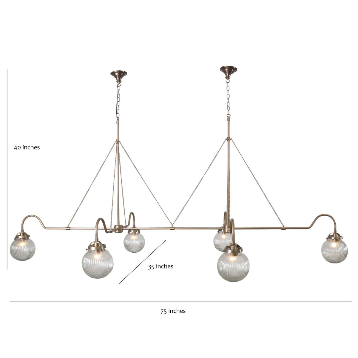 Linear brass chandelier with ribbed glass globes – labeled dimensions 75-inch width and 40-inch height – customizable handmade light by Brass Leaf Studio