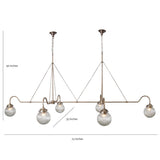 Linear brass chandelier with ribbed glass globes – labeled dimensions 75-inch width and 40-inch height – customizable handmade light by Brass Leaf Studio