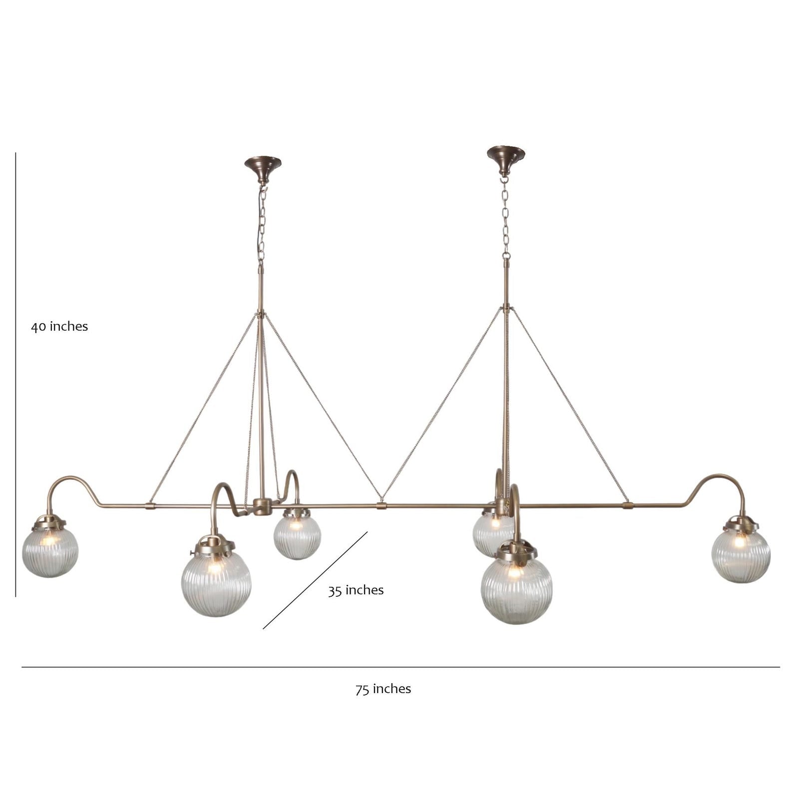 Size guide for Linear Brass Chandelier with Globe Shades – Customizable 6-Light Pendant by Brass Leaf Studio 62554