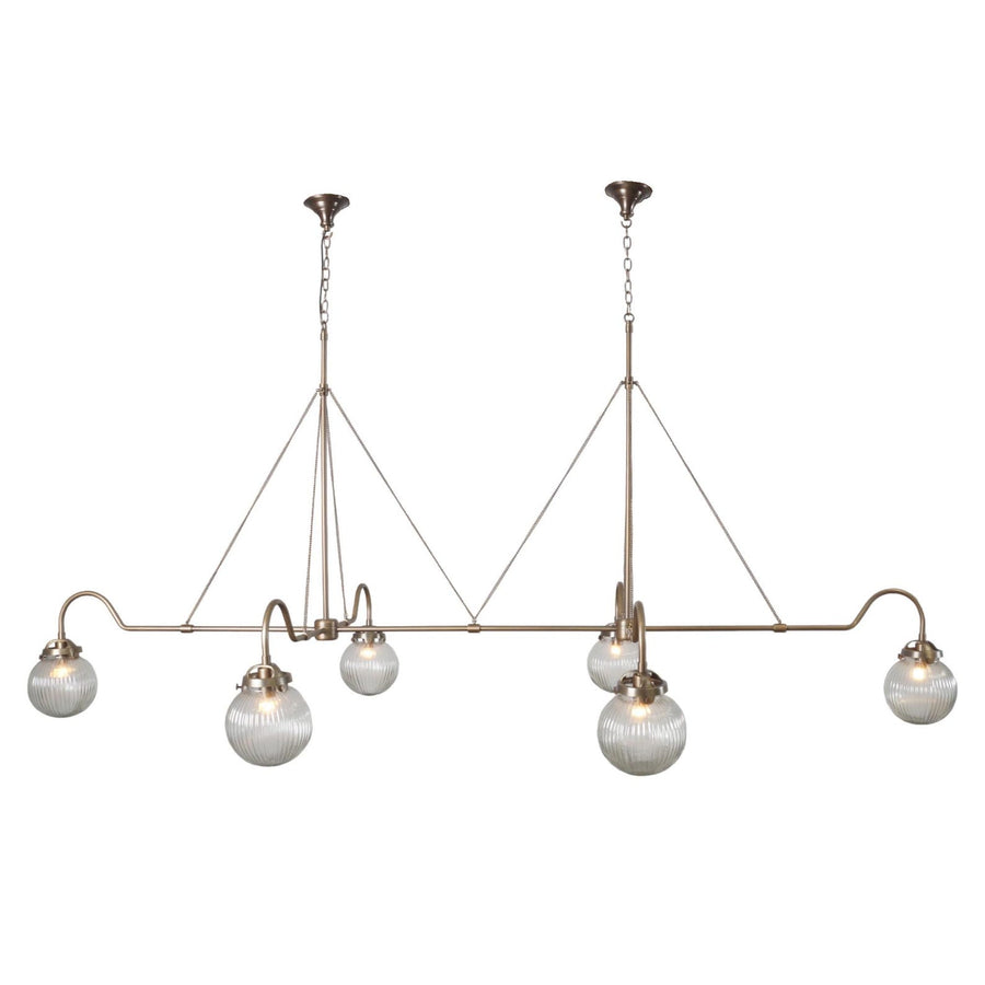 Linear brass chandelier with six ribbed glass globes suspended on twin chains – handcrafted modern pendant by Brass Leaf Studio
