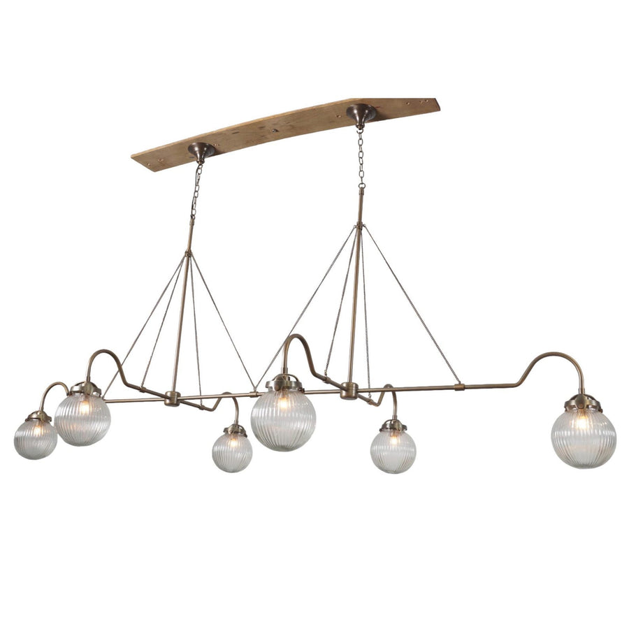 Linear brass chandelier with six ribbed glass globes suspended on twin chains – handcrafted modern pendant by Brass Leaf Studio