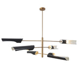 Side profile of modern linear chandelier featuring matte black curved shades on a brushed brass frame.