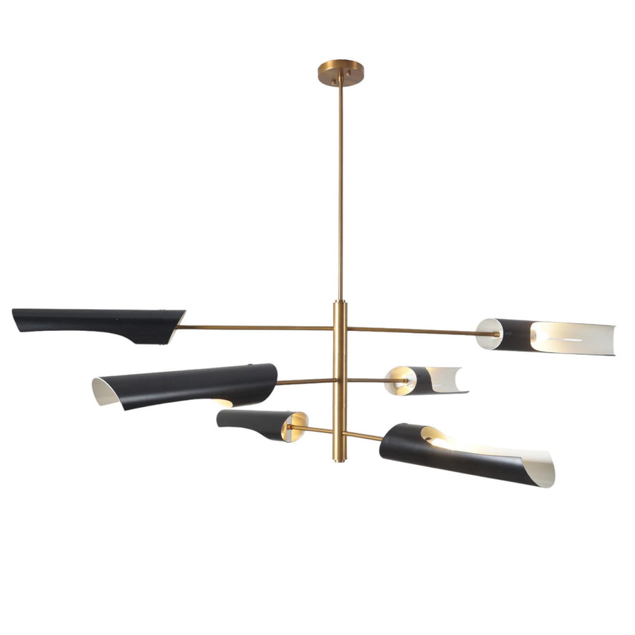 Modern linear brass chandelier with six black metal shades, handcrafted contemporary pendant by Brass Leaf Studio.