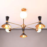 Mid-century style chandelier with brass arms, black cone shades, and white opal globes handcrafted by Brass Leaf Studio.
