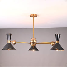 Modern 3-light brass chandelier with black cone shades and industrial arms, handcrafted by Brass Leaf Studio.