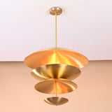 Geometric layered brass chandelier with sculpted disc shades handcrafted in brushed finish