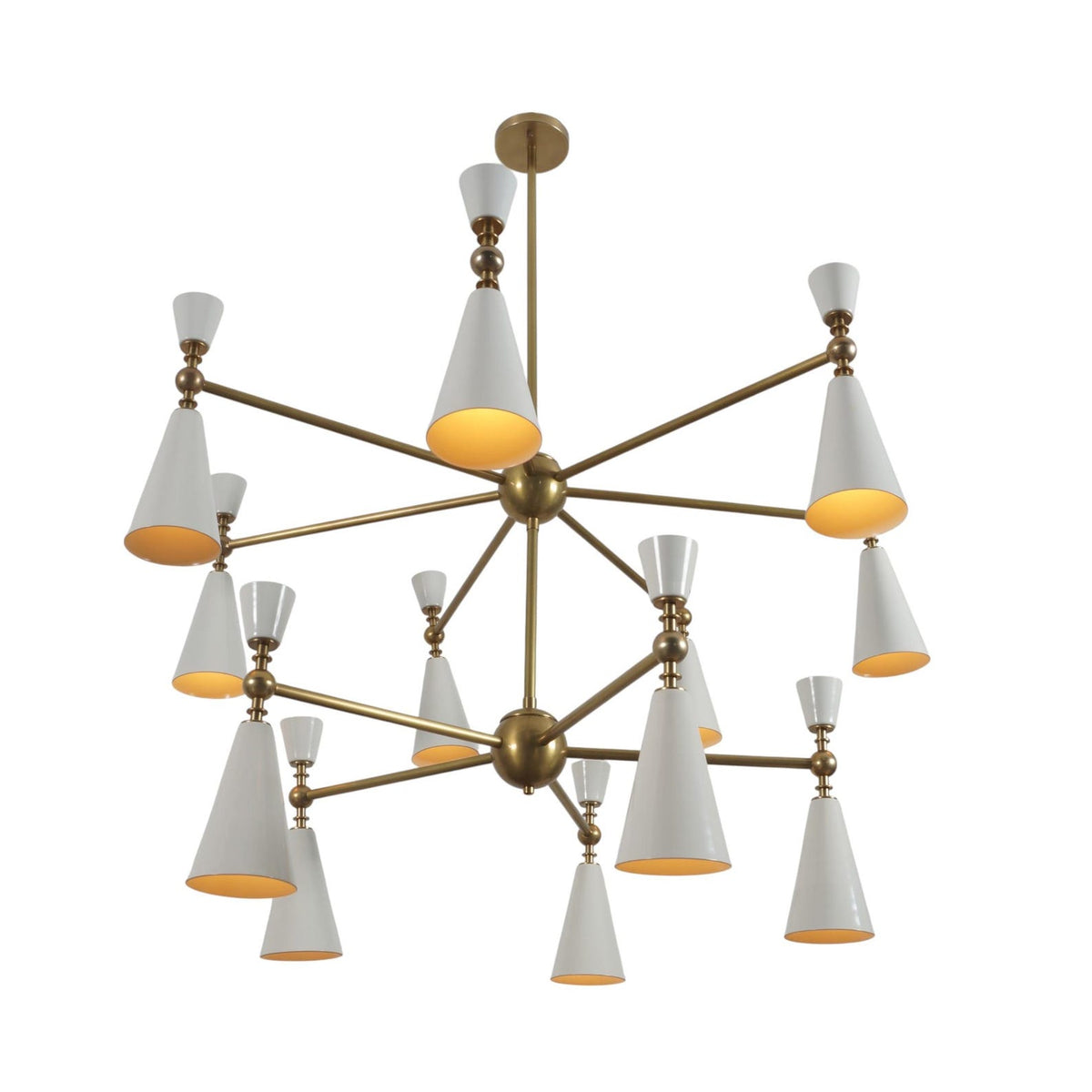 Angled view of dual-tier brass chandelier with twelve white cone shades – elegant handmade lighting fixture by Brass Leaf Studio