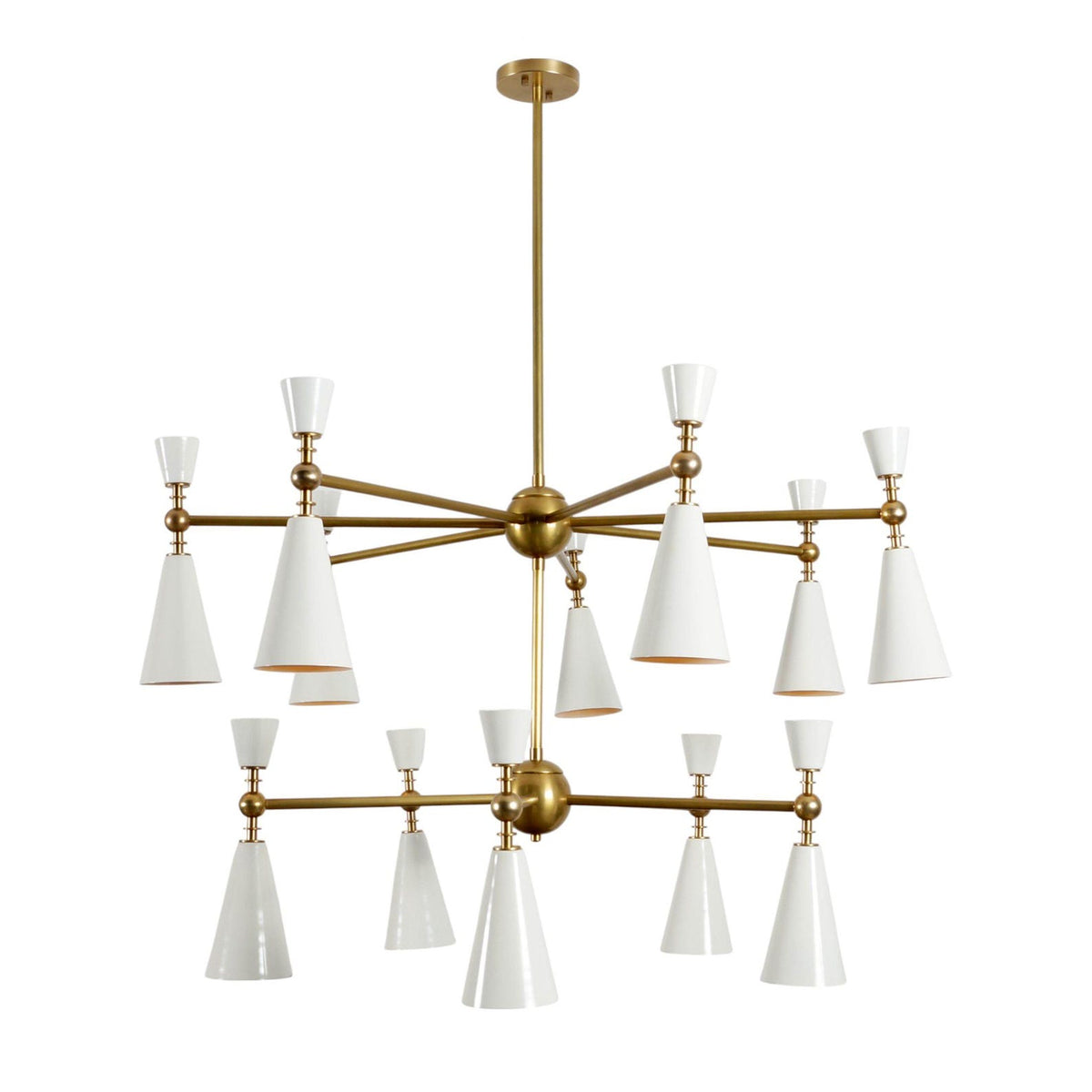 Modern dual-tier chandelier in brushed brass finish with white cone shades – handcrafted lighting fixture by Brass Leaf Studio