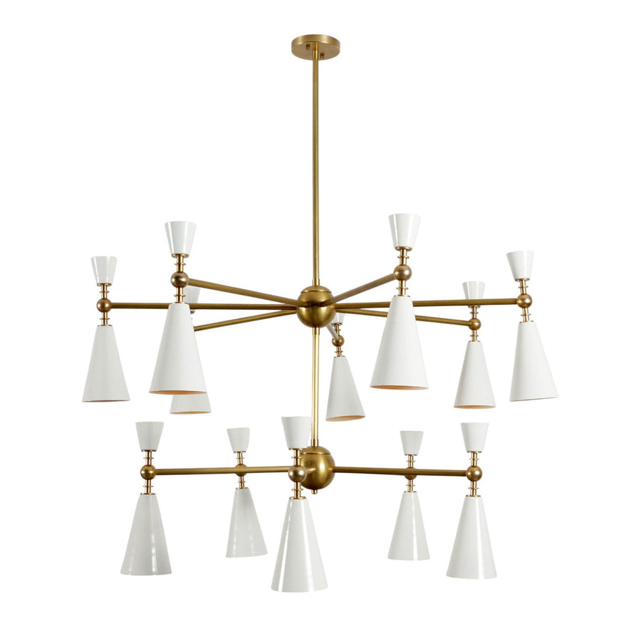 Dual-tier brass chandelier with white cone shades – dimensions labeled 45-inch width and 30-inch height – custom height available