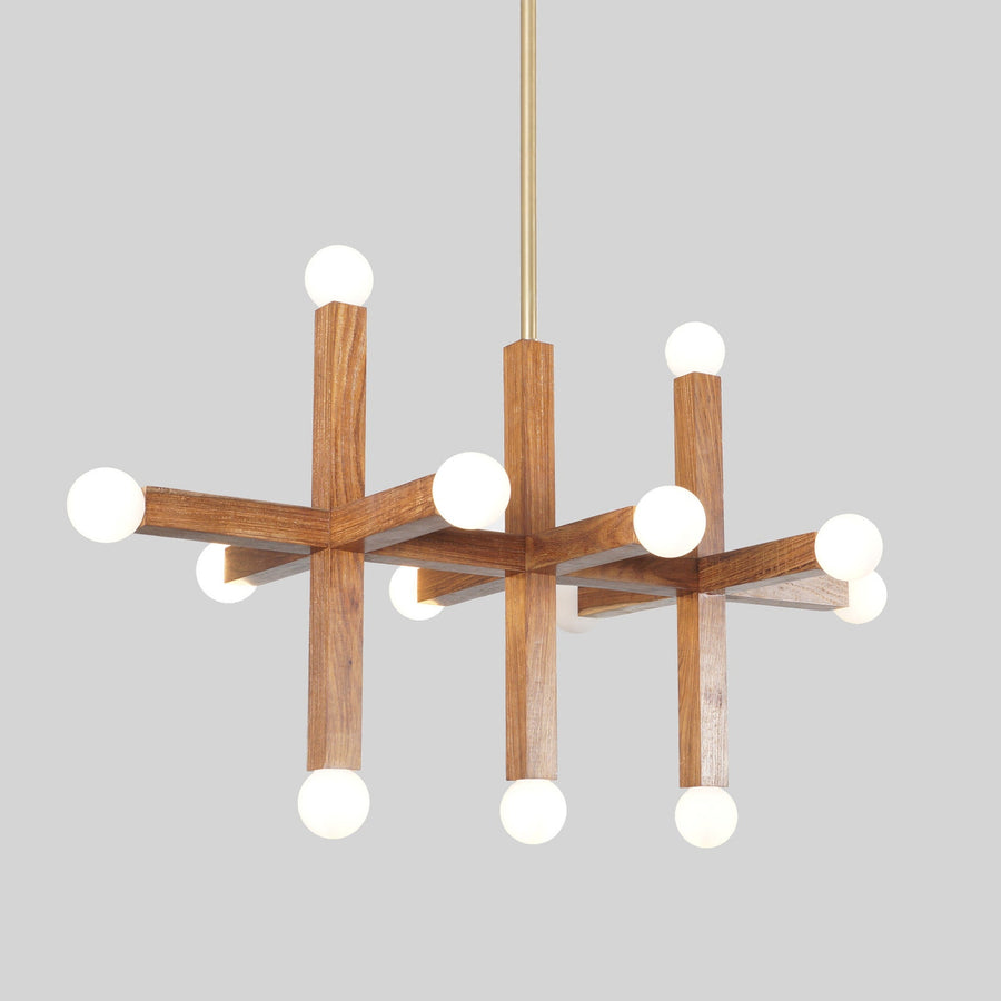Geometric wood and brass chandelier with frosted globe bulbs – handcrafted modern pendant light by Brass Leaf Studio