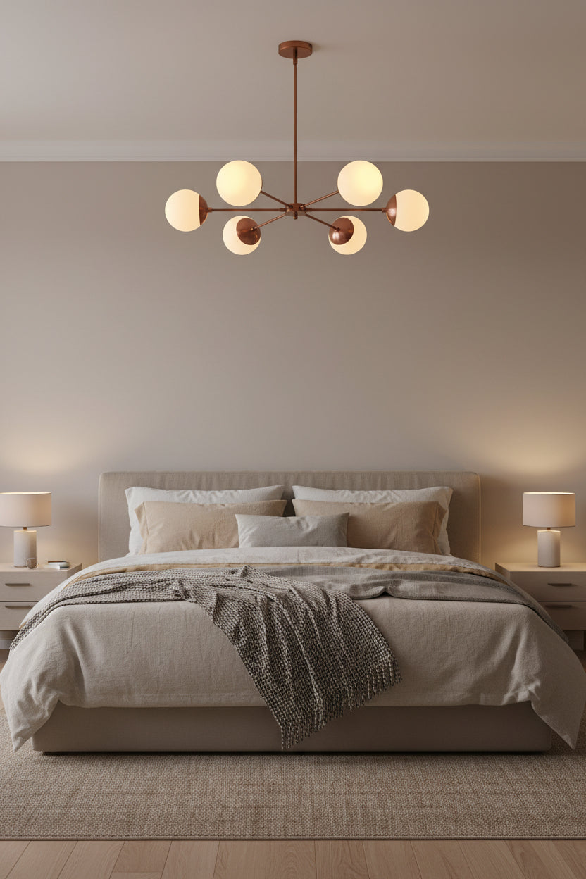 Brass Leaf Studio Monaco chandelier featuring six white glass globes and industrial grade brass construction